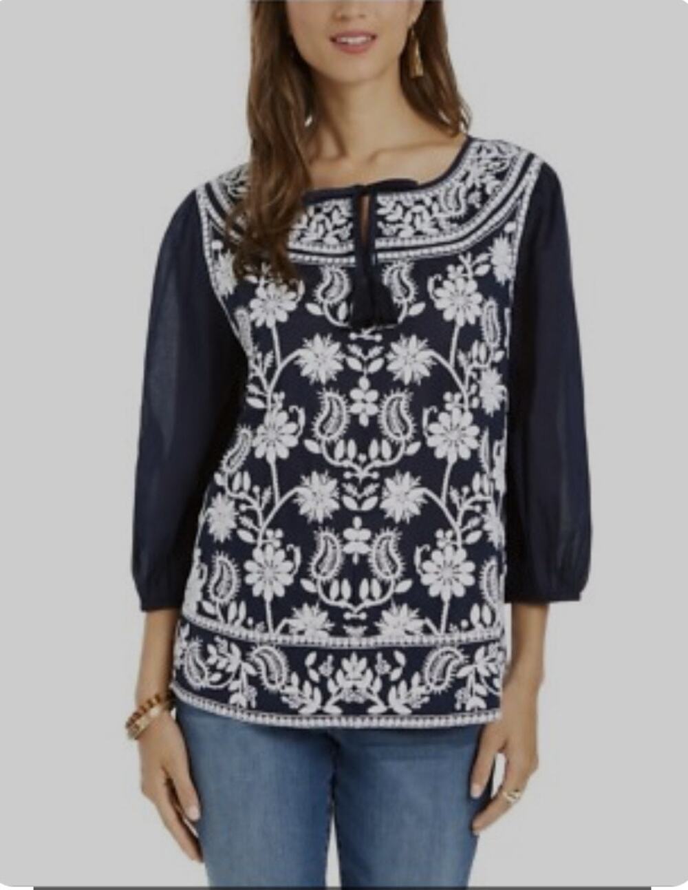 Embroidered floral navy/white COTTON tunic women’s shirt 3/4 sleeves M Style&Co